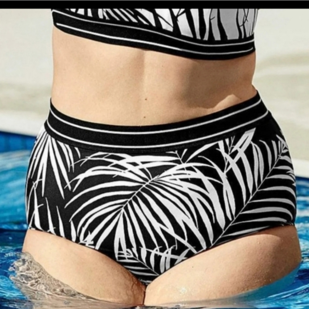 NWT Cacique Black/White Palm Print High-waisted Swim Bottom